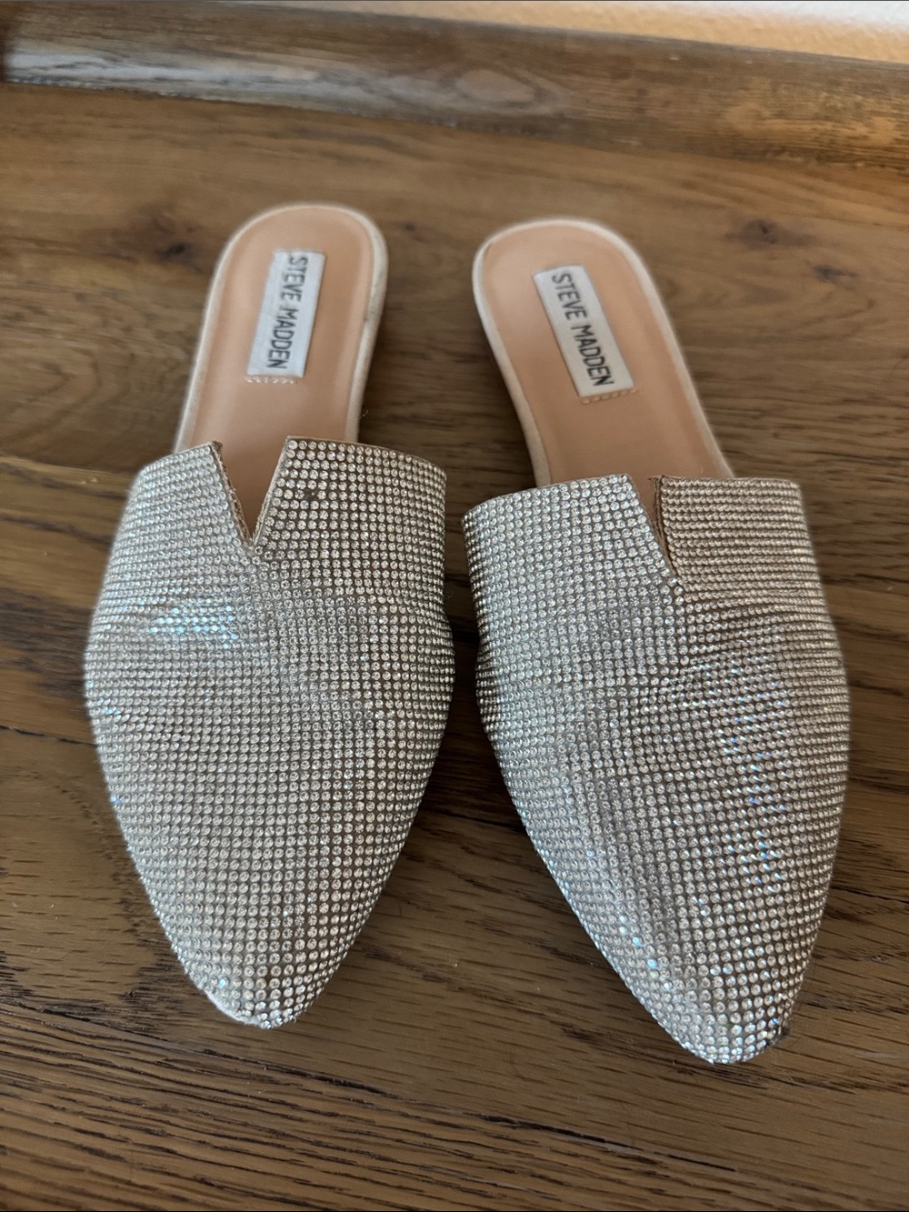 Steve Madden Silver Crystal-Embellished Slip-On Pointed Mules Size 7